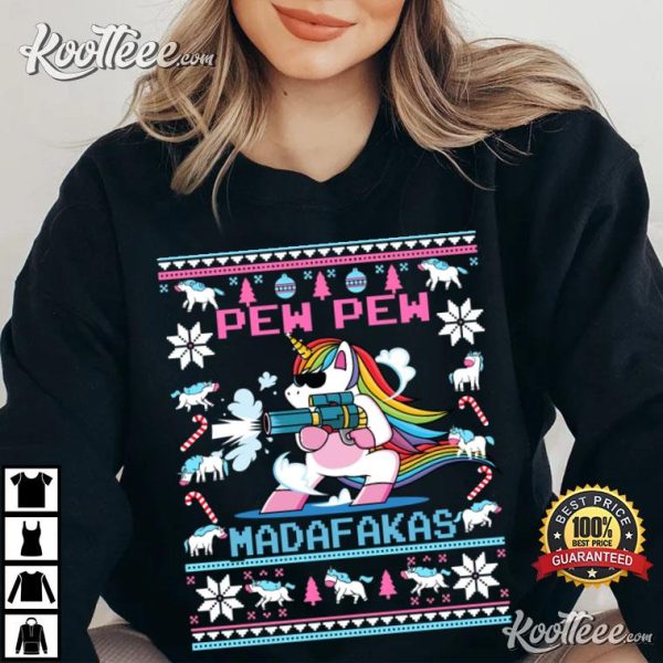 Unicorn Pew Pew Madafakas Ugly Christmas T-Shirt
