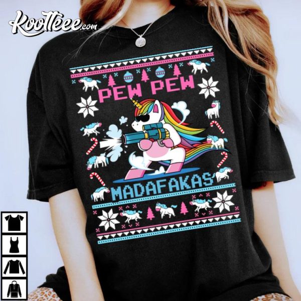 Unicorn Pew Pew Madafakas Ugly Christmas T-Shirt