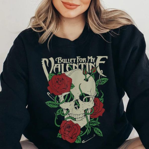Valentine Gift For Couple Roses Skull Bullet T-Shirt