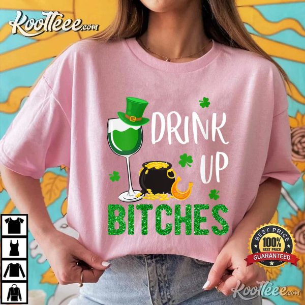 Womens Drink Up Wine Lovers Shamrock St Patricks Day Leprechaun V-Neck T-Shirt