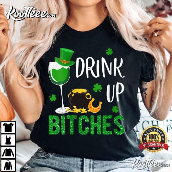 Womens Drink Up Wine Lovers Shamrock St Patricks Day Leprechaun V-Neck T-Shirt