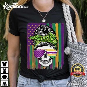 Flag Mardi Grass Funny Skull Messy Bun Carnival Glasses T-Shirt Flag Mardi Grass Funny Skull Messy Bun Carnival Glasses T-Shirt