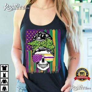 Flag Mardi Grass Funny Skull Messy Bun Carnival Glasses T Shirt 2