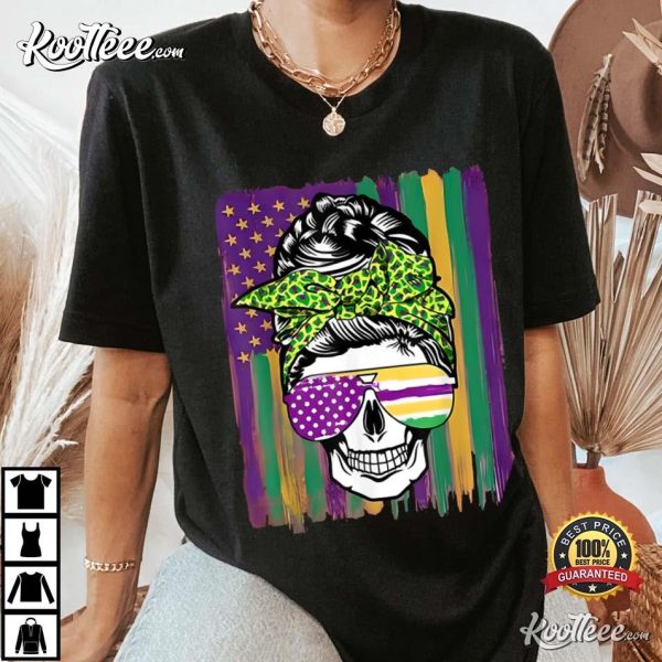 Flag Mardi Grass Funny Skull Messy Bun Carnival Glasses T-Shirt